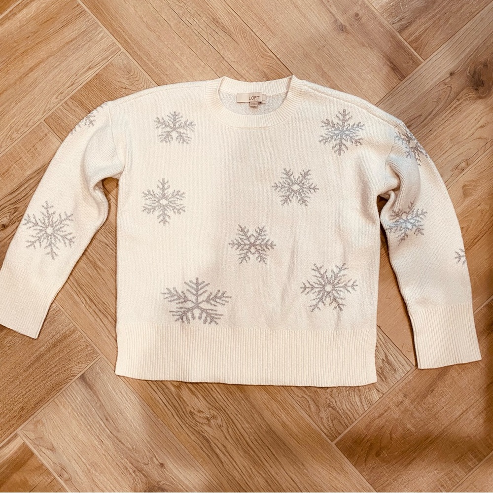 LOFT Cream and silver Snowflake ugly Christmas holiday Sweater xsp